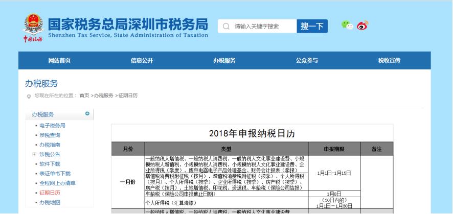 深圳市電子稅務(wù)局辦稅日歷